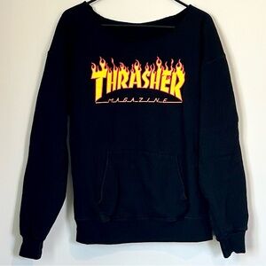 Cut Off Neck Thrasher Black Sweater with Fiery Logo - Size: Medium/Large